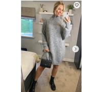 CY Women's Super Soft Fine Knit Plain Color Funnel Neck Long Jumper Dress in Grey CY Grey One Size