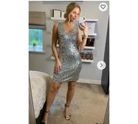 CY Women's V Neckline Design Sequin Mini Dress in Silver | Size: S/M CY Silver S/M