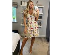 CY Women's Vintage Print V-Neck Skater Mini Dress in White | Size: Medium CY White M