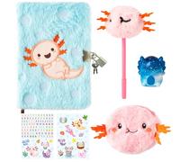 CY2SIDE 6PCS Axolotl Diary with Lock and Keys for Kids, Axolotl Plush Secret Journal Diary Journal Set Included Scrapbook Pen Stickers Squeeze Toy and Purse, Idea Birthday Gifts for Teen Girl DIY Gift
