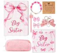 CY2SIDE 7PCS Coquette Pink Bow Big Sister Gift Announcement Set for Girl Include Pink Bow Notebook Pen Sticky Note Plush Pouch Keychain Bracelet and Card, Birthday Gift for New Sibling Arrival Age 2-8