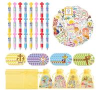 CY2SIDE Christian Cross Stationery Gift - 24 Pack Vacation Bible Stationery Party Gift Include 4-in-1 Ballpoint Pen Sticky Note Sticker and Religious Party Goodie Bag Fillers for Sunday School Rewards