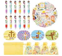 CY2SIDE Jesus Religious Stationery Gift - 12 Pack Christian Bible Stationery Party Gift Include 4-in-1 Ballpoint Pen Sticky Note Sticker and Religious Party Goodie Bag Fillers for Sunday School Reward
