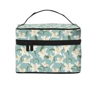 Cyan Blue Lilies Flowers Makeup Bag, Cute Cosmetic Bags for Women, Toiletry Bag, Large Travel Make Up Organizer Bag