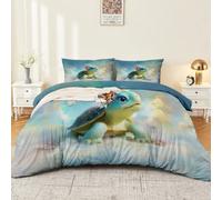 Cyan Duvet Cover Set, Fantasy Illustration, Soft Breathable Easy Care Microfiber Bedding Set, Cartoon Cloud Ocean Animal Turtle Quilt Cover Super King Size 260 x 220 cm with Pillowcases and Zipper