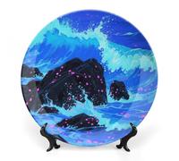 Cyan_wave Bone China Decorative Plate with Display Stand, 6inch Porcelain Wall Hanging Plate for Home Office Decor, Elegant Round Ceramic Plates for Home Decor & Gift Idea