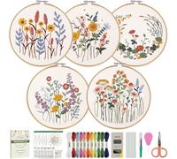 CYANFOUR 5 Pack Beginner Embroidery Kit for Adults, Easy to Learn Floral Embroidery Patterns from Video & Instruction, Needlepoint Kits for Adults Include Embroidery Hoop, Colorful Threads, Tools