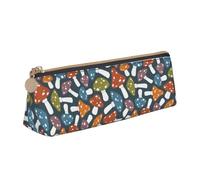 CyanLit Cute Mushrooms and Leaves Pattern Pencil Case Leather Pencil Holders Cosmetic Pouch Stationery Organizer Bag for Women Men Office Travel