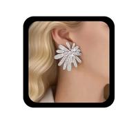 Cybche Boho Rhinestone Flower Earrings Silver Cz Flower Earring Large Crystal Floral Earrings Fireworks Earring Sparkly Wedding Jewelry For Women
