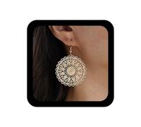 Cybche Vintage Filigree Large Circle Earrings Hollow Large Disc Drop Earrings Ethnic Carved Flower Earring Retro Tribal Round Geometric Dangle Hook Earring Minimalist Statement, Zinc, No Gemstone