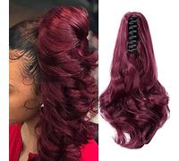 Cybelleza 12 inch Ponytail Hair Extension Curly Wavy Claw Jaw on Long Short Cute Pony Tails Clip in Hair Extensions Hairpieces Synthetic for Women (Wine Red)