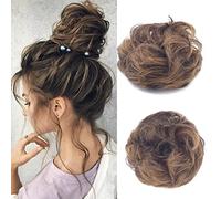 Cybelleza Messy Bun Hair Piece Curly Hair Scrunchies Thick Messy Hair Bun Updo Hairpiece Synthetic Ribbon Ponytail Extensions Donut Chignons Wavy Wig for Women Girls, 35g Dark Brown & Dark Blonde
