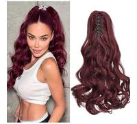 Cybelleza Ponytail Extension Curly Wavy Claw Jaw Pony Tail 18" One Piece Clip in Hair Extensions Ponytail Hairpiece Synthetic Long Natural for Women, Wine Red