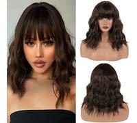 Cybelleza Short Dakr Brown Wig for Women Bob Wig with Fringe Curly Wave Bob Wigs with Bangs 14 Inch Natural Wavy Synthetic Wig Heat Resistant Shoulder Length Cosplay Wig for Party Daily Wear