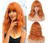Cybelleza Short Ginger Wig for Women Bob Wig with Fringe Curly Wave Bob Wigs with Bangs 14 Inch Natural Wavy Synthetic Wig Heat Resistant Shoulder Length Cosplay Wig for Party Daily Wear