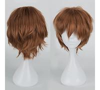 Cybelleza Short Light Brown Unisex Anime Cosplay Wig - Synthetic Curly Straight Layered Fluffy Halloween Wig with Free Cap