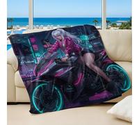 Cyber Anime Neon Night Shadow Printed Flannel Blanket, Vibrant Pink Hair Purple Eyes Biker Girl Throw Blanket for Youth Room Decor (03,100x150cm)