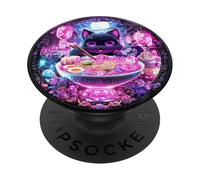 Cyber Black Cat with Ramen Kawaii Noodle Art PopSockets Adhesive PopGrip