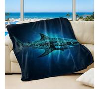 Cyber Blue Flowing Giant Shark Printed Flannel Blanket, Abyssal Shadow Art Throw Blanket for Adults & Kids Bed Decor (01,75x100cm)