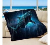 Cyber Blue Flowing Giant Shark Printed Flannel Blanket, Abyssal Shadow Art Throw Blanket for Adults & Kids Bed Decor (02,200x200cm)