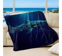 Cyber Blue Flowing Giant Shark Printed Flannel Blanket, Abyssal Shadow Art Throw Blanket for Adults & Kids Bed Decor (03,130x150cm)