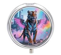 Cyber Hippie Tiger Pill Box Travel Pill Organizer 3-Compartment with Mirror Design Portable Round Medicine Case for Vitamins, Jewelry & Essentials Durable Pocket Pillcase for Purse, Camping