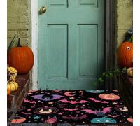 Cyber Neon Pop Style Thin Door Mats Indoor 50 x 80 cm, Non-Slip Machine Washable Front Door Mat Gradient Bat And Pumpkin Low Profile Inside Doormat Absorbent Entrance Rug, Easy to Clean Carpet, Black