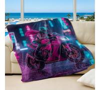Cyber Neon Printed Flannel Blanket, Futuristic City Style Soft Cozy Throw Blanket for Bikers Bedroom Sofa Decor (01,200x200cm)