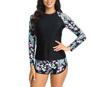Cyber of Monday Deals 2024 2024 Women 2 Piece Rash Guard Swimsuits Long Sleeve Swim Shirt Boyshorts Set Sun Protection UPF 50+ Surf Bathing Suit