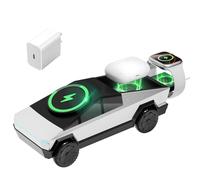 CyberDock Wireless Charging Station, 3-in-1 Rotating Wireless Charger for iPhone, AirPods & iWatch, Qi2 Certified Mag-Safe Charger with Ambient Light, 20W Adapter Included, Car Model Design, Sliver