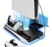 Cybermix PS5 Vertical Stand with Cooling Fans and Dual Controller Charger Station compatible with playstation 5 Disc & Digital Editions, Built-in 12 Game Storage, White+Black