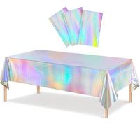CYBERNOVA 3 Pack Iridescent Plastic Tablecloth 54" x 108” Shiny Laser Disposable Table Cloth Premium Holographic Foil Table Cover for Birthdays Bridal Weddings Christmas Decorations (Shiny silver)
