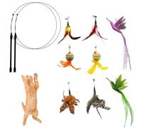 CYBERNOVA Interactive Cat Feather Toys for Cat Adult and kitten, 8pcs Replacements Birds Balls Feathers with Bell and 2pcs Handheld Elastic Teaser Wands for Kitty Kitten Scratching Exercise Indoor (A)