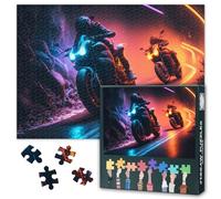 Cyberpunk 1000 Pieces Puzzles for Adults, Racing Motorcycles Down a Road in a City with Neon Lights Jigsaw Puzzles 1000 Piece, Impossible Challenges Puzzle, 19.5 x 27.5 Inch