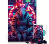 Cyberpunk Armadillo in Neon Cityscape 1000 Pieces Jigsaw Puzzles for Teenagers Brain Logic Restful Game Family Fun Xmas Surprise (38x52cm)
