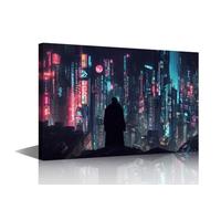 Cyberpunk Canvas Wall Art Cyberpunk City Picture Night Neon Streetview Painting Wall Art for Living Room 1 Panels Prints Artwork Modern Decor Framed Gallery-Wrapped Ready to Hang Gift 36x24 in
