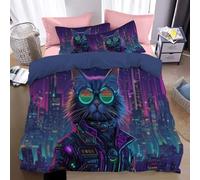 Cyberpunk Cat Print Bedding Set Soft Microfiber Vintage Futurism Duvet Cover With A Sense Of Dark Blue For Kids,Adults,With Hidden Zipper Quilt Cover Pillowcase 3 Pcs Set Double (200 X 200 Cm )