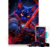 Cyberpunk Cat Russian Blue Samurai Animal Jigsaw Puzzles for Adults 1000 Pieces Strong Logic Clear Color Fun Challenge Festive Gift (38x26cm)