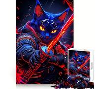Cyberpunk Cat Russian Blue Samurai Animal Puzzles for Teenagers 1000 Pieces Mental Boost Fine Detail Fun Challenge Room Decor (50x75cm)