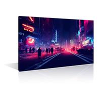 Cyberpunk City at Night Lights People and Cars Pictures for Living Room Modern Artwork 1 Panel Wall Art Prints on Canvas Giclee Modern House Decor Framed and Stretched Ready to Hang (24" Wx36 H)