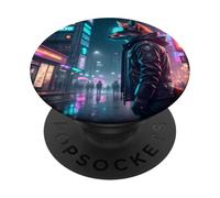 Cyberpunk Fox Stands Watch in Tokyo City PopSockets Adhesive PopGrip