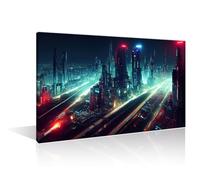 Cyberpunk Futuristic City Panorama Canvas Wall Art 1 Panel Cyberpunk City with Futuristic Buildings Artwork Picture Paintings Wall Decor for Bedroom Print on Canvas Framed Ready to Hang (24" Wx36 H)