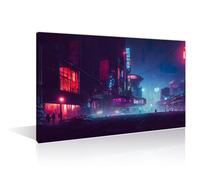 Cyberpunk Futuristic City Panorama Wall Art Painting On Canvas Cyberpunk Neon City Night Wall Decor for Living Room Framed Canvas Paintings 1 Piece Wall Decor Ready to Hang for Office (12"Wx18"H)
