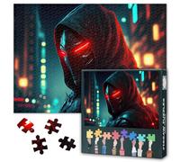 Cyberpunk Jigsaw Puzzles for Adults 1000 Pieces, Cyborg Head with Red Light Eyes in a Hood in a Nighttime Scene Puzzles 1000 Piece, Impossible Challenges, 19.5 x 27.5 Inch