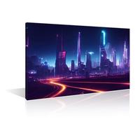 Cyberpunk Style Abstract Art Pictures for Living Room Wall Art 1 Piece Futuristic City Scene in a Style of Cyberpunk Canvas Painting Art Contemporary Home Decor Frame Ready to Hang, (16"Wx24"H)