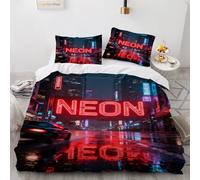 Cyberpunk Style double duvet set, Neon Rainy Night duvet cover, Urban Street Scene Hypoallergenic Duvet Cover, For Anime Lovers 200 x 200 cm double bedding set with 2 Pillowcases Soft