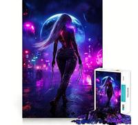 Cyberpunk Woman in Neon City 1000 Pieces Puzzles for Adults Cognitive Train Indoor Play Pattern Build (50x75cm)