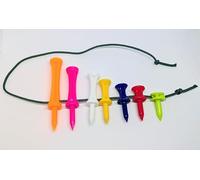 CyberSunrise Golf Tee String Set, 7 Multi-Colored Plastic Tees, 25-70mm Lengths, Drilled Design with Connecting String, Made in UK