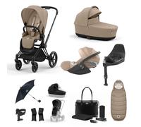 Cybex Priam 3-in-1 Travel System with Cloud T Car Seat & Base 12-Piece Bundle - Black/Cozy Beige