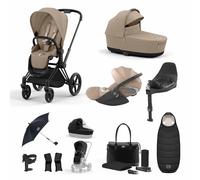 Cybex Priam 3-in-1 Travel System with Cloud T Car Seat & Base 12-Piece Bundle - Black/Cozy Beige